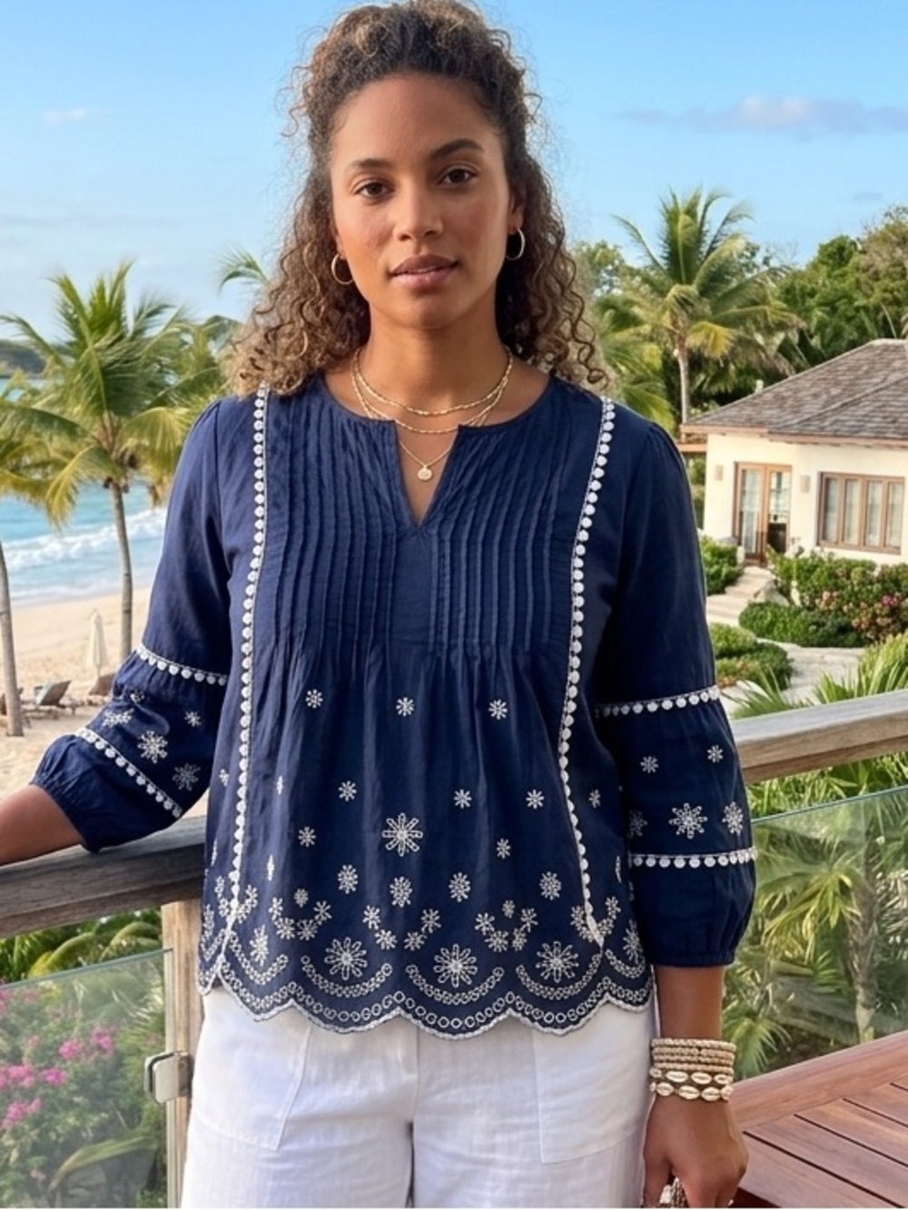 Crown & Ivy Curvy Navy Blue Embroidered Boho Top 3X southern preppy summer